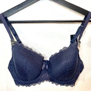 New with tags - Etam Size 34D Dark Blue Lace Adjustable Bra, Designed in France